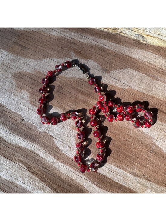 Vintage Venetian Millefiori Red Art Glass Bead Necklace 18” 10mm Barrel Clasp - Picture 3 of 6